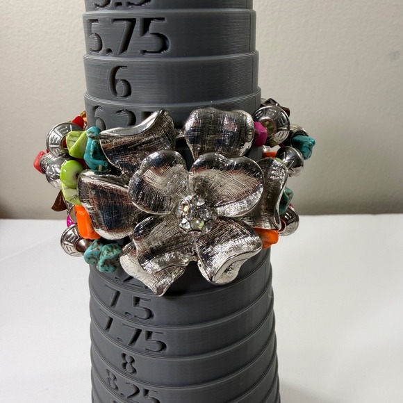 Multi Strand Bracelet Beaded Stacking Silver Tone Flower Charm Rhinestone Accent - Picture 5 of 9